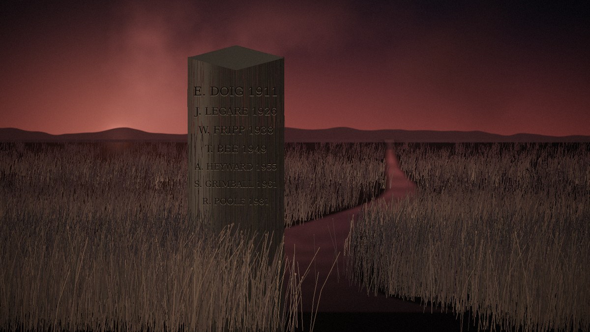 A cypress stake standing in a salt marsh at dusk, names cut into it